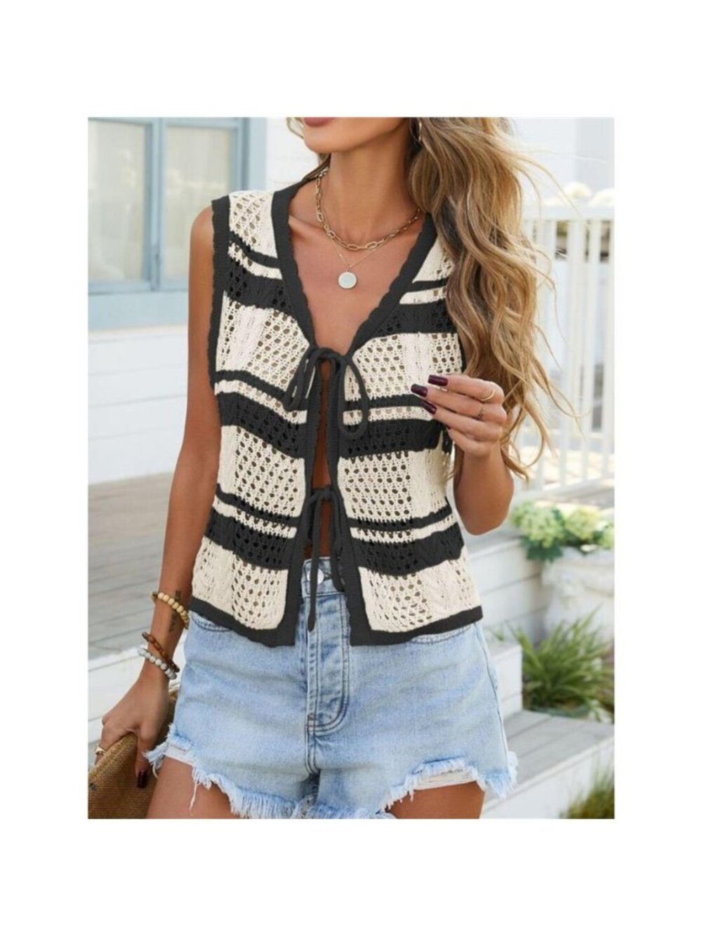 Striped Crochet Tie-Front Cardigan